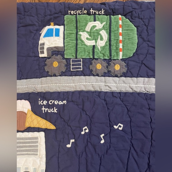 Pottery Barn Kids Busy Trucks Pillow Quilted Sham Euro Ice Cream Recycle Navy - Picture 2 of 6